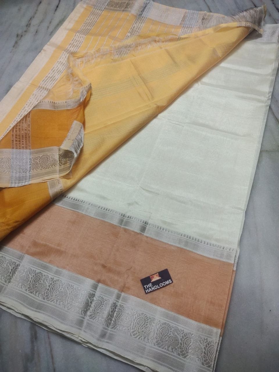 Golden Daffodils Bloom Silver Zari Mangalagiri Pure Handloom Cotton Saree